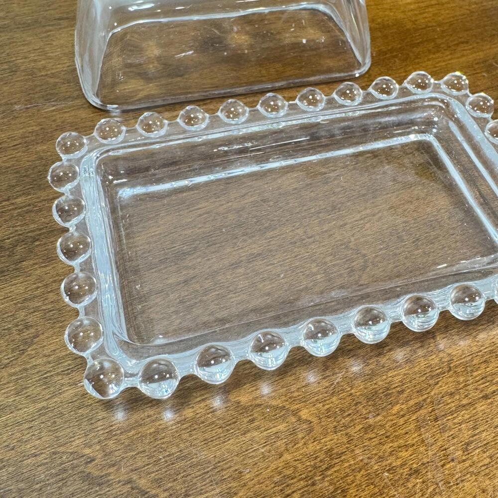 Clear Glass Mini Lidded Butter Dish or Pate Plate Beaded Rim 4" Cover Lid - Picture 4 of 6
